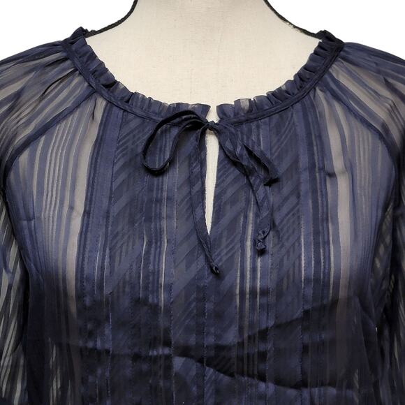 Express Blue Sheer Blouse Womens Sz S Tonal Stripe 3/4 Sleeve Tie Neck Top Shirt - Picture 2 of 6